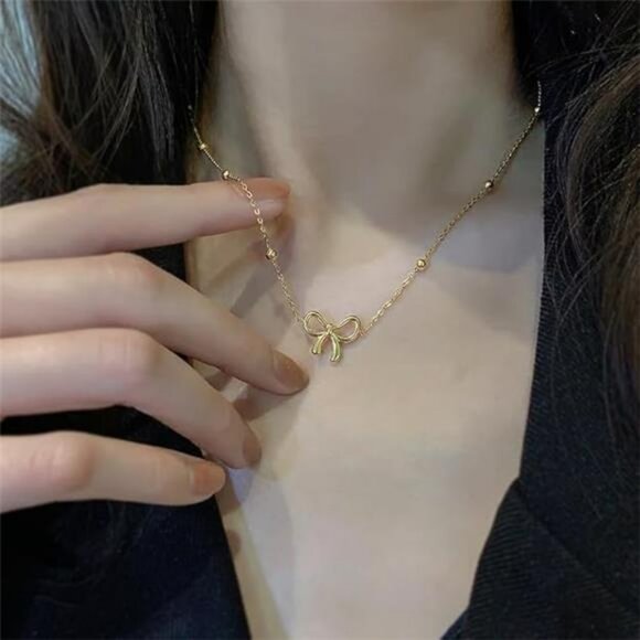 Gold Bow Necklace Earrings Bracelet Set Women Ribbon Jewelry Christmas Gifts - Picture 5 of 8